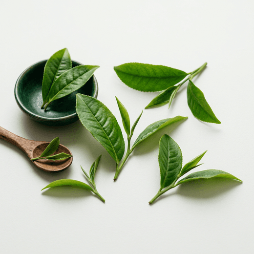 Hojas de te verde matcha en polvo